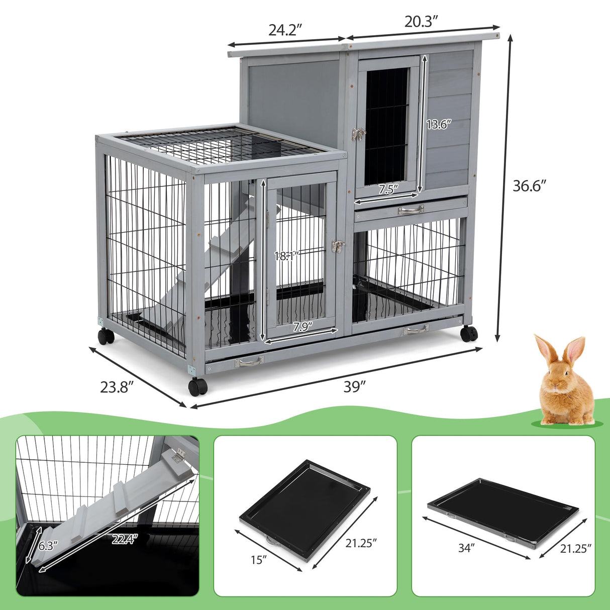 Wooden Rabbit Hutch on Wheels Outdoor, 2-tier Large Indoor Bunny Cage