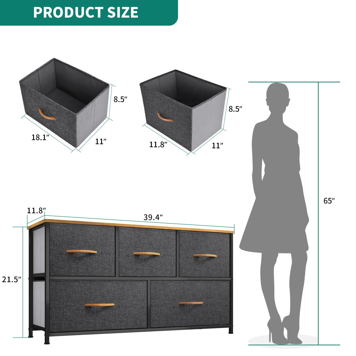 Dresser with 5 Drawers - Fabric Storage Tower