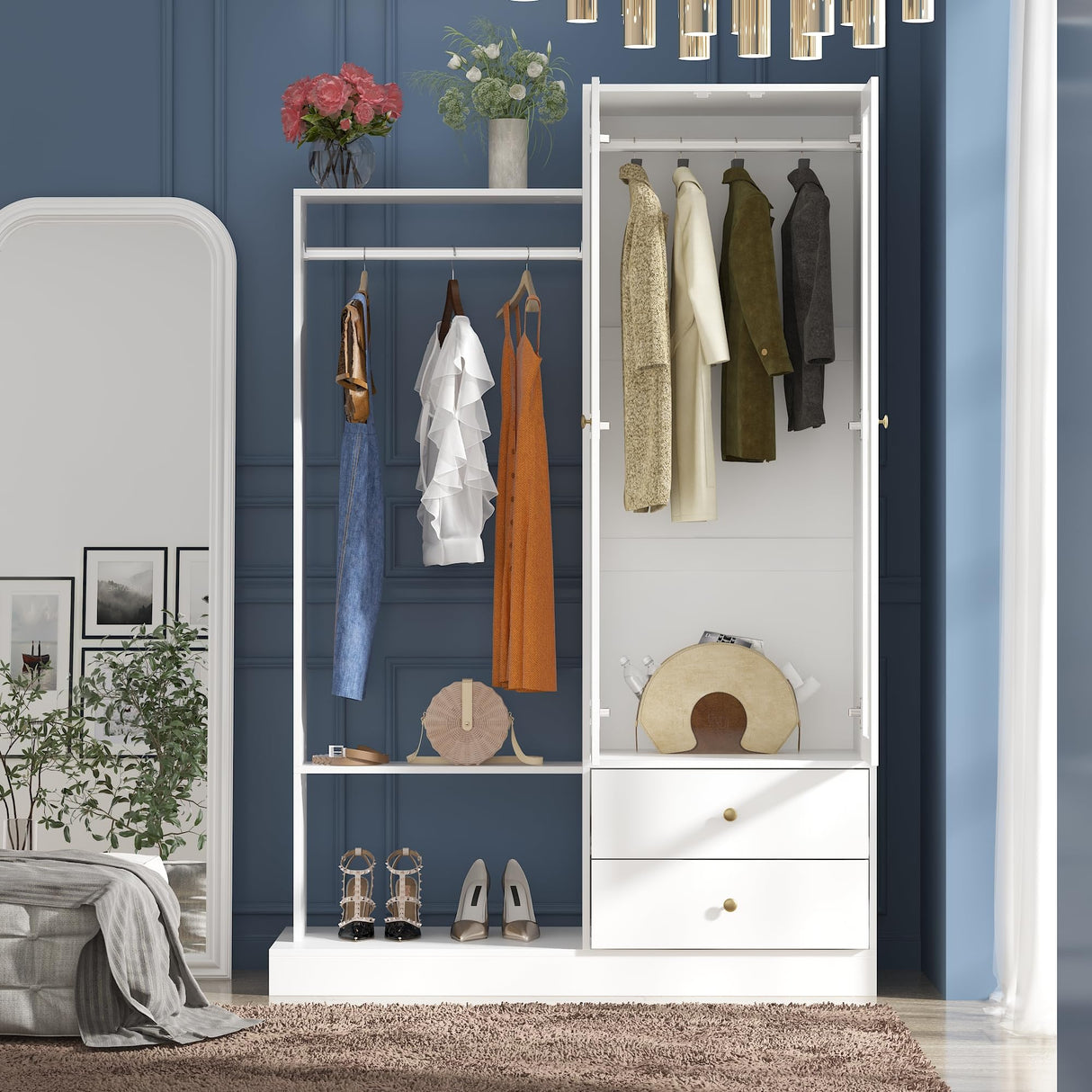 73.3" H Wardrobe Armoire with Glass Doors, 2 Hanging Bars & 2 Drawers