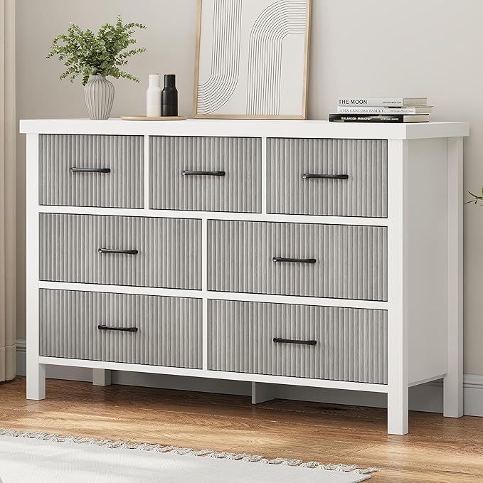 White Dresser 7 Drawer Dresser for Bedroom, Modern Fluted Dresser with Solid Wood