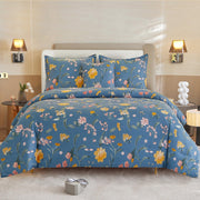 Blue King Comforter Set, Lightweight Elegant Flower Bed Set Comforter for All Season