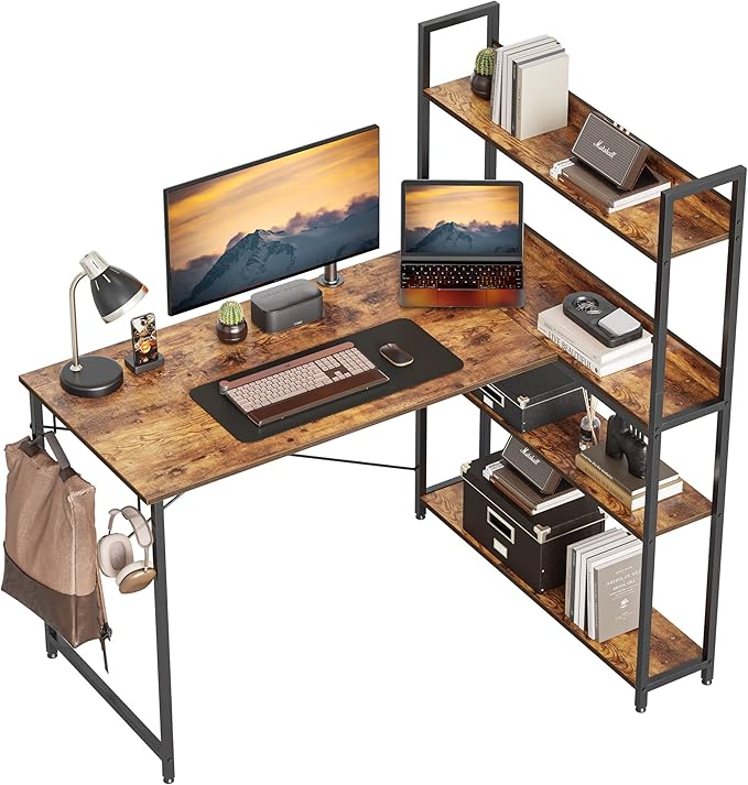 Corner Desk with Storage Shelves, 47 Inch Reversible L Shaped Desk with Bookshelf, Home Office Writing Desk with Hooks, Small L Study Table, Rustic Brown