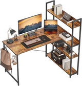 Corner Desk with Storage Shelves, 47 Inch Reversible L Shaped Desk with Bookshelf, Home Office Writing Desk with Hooks, Small L Study Table, Rustic Brown