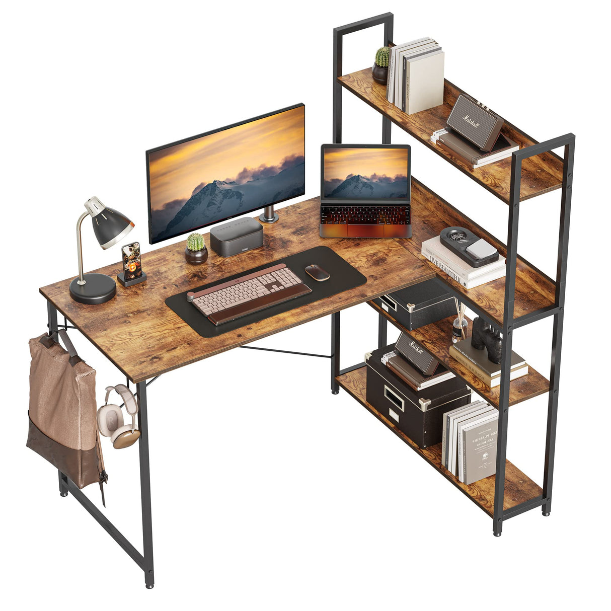 Corner Desk with Storage Shelves, 47 Inch Reversible L Shaped Desk with Bookshelf, Home Office Writing Desk with Hooks, Small L Study Table, Rustic Brown