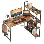 Corner Desk with Storage Shelves, 47 Inch Reversible L Shaped Desk with Bookshelf, Home Office Writing Desk with Hooks, Small L Study Table, Rustic Brown