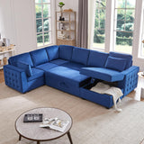 mestyl Convertible Pull Out Sleeper Sofa Bed with Storage Chaise, Oversized U Shaped Sectional Couch Bed with 2 Pillows, Comfy Large L Shaped Pullout Couches Bed for Living Room, Velvet, Blue, MT002