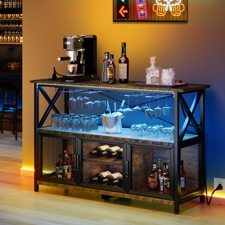 Wine Bar Cabinet with LED Lights Power Outlets, Industrial Coffee Bar Cabinet