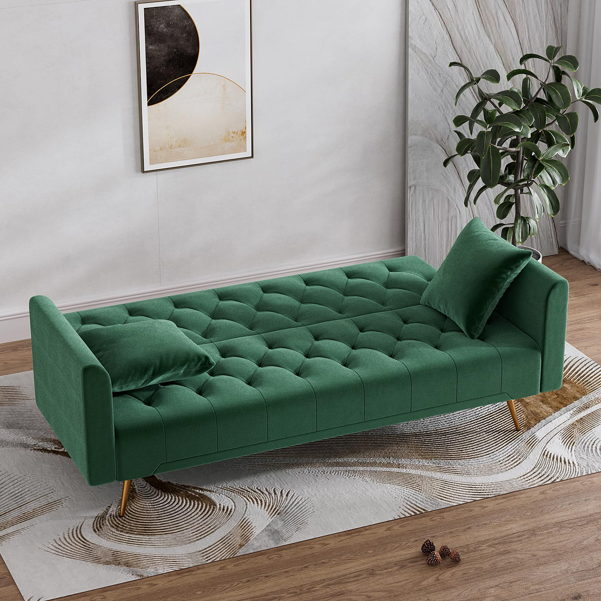 Velvet Futon Sofa Bed with 2 Pillows, Convertible Futon Couch, Sturdy Sleeper Sofa in 71 inch