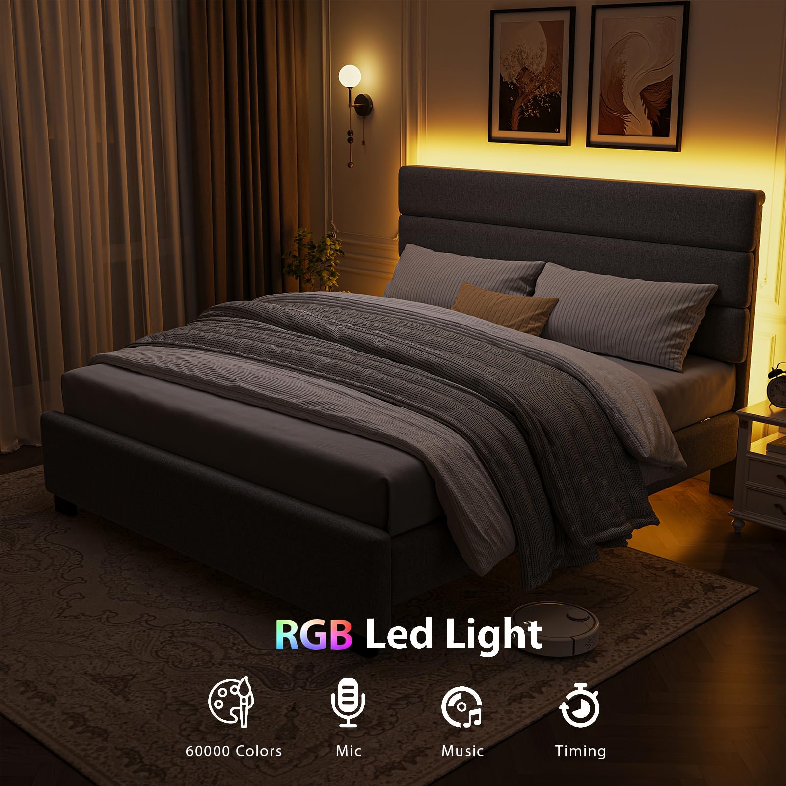 King Size Upholstered Platform Bed Frame with LED Lights