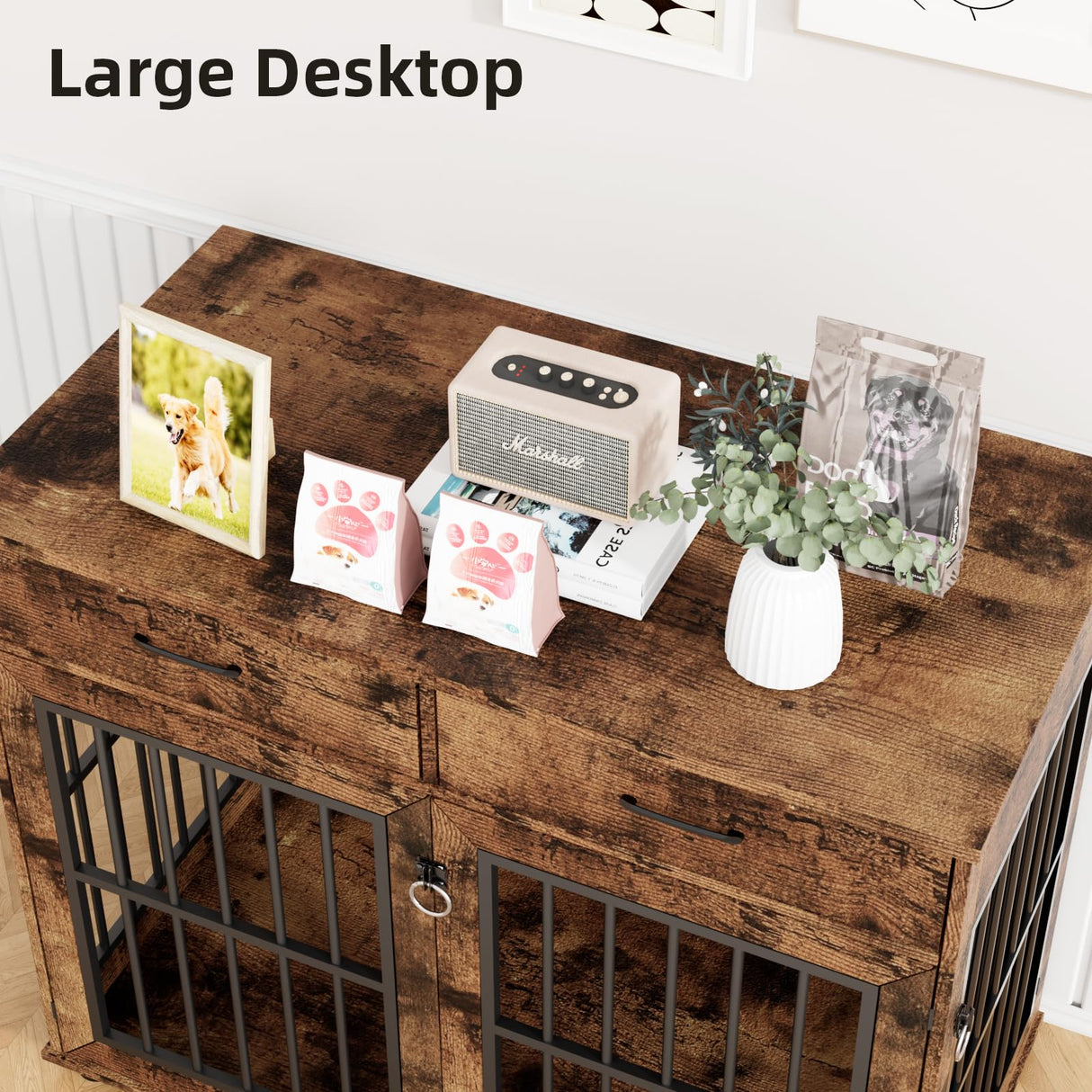 43.3" Large Wooden Dog Crate Furniture with Storage Drawers