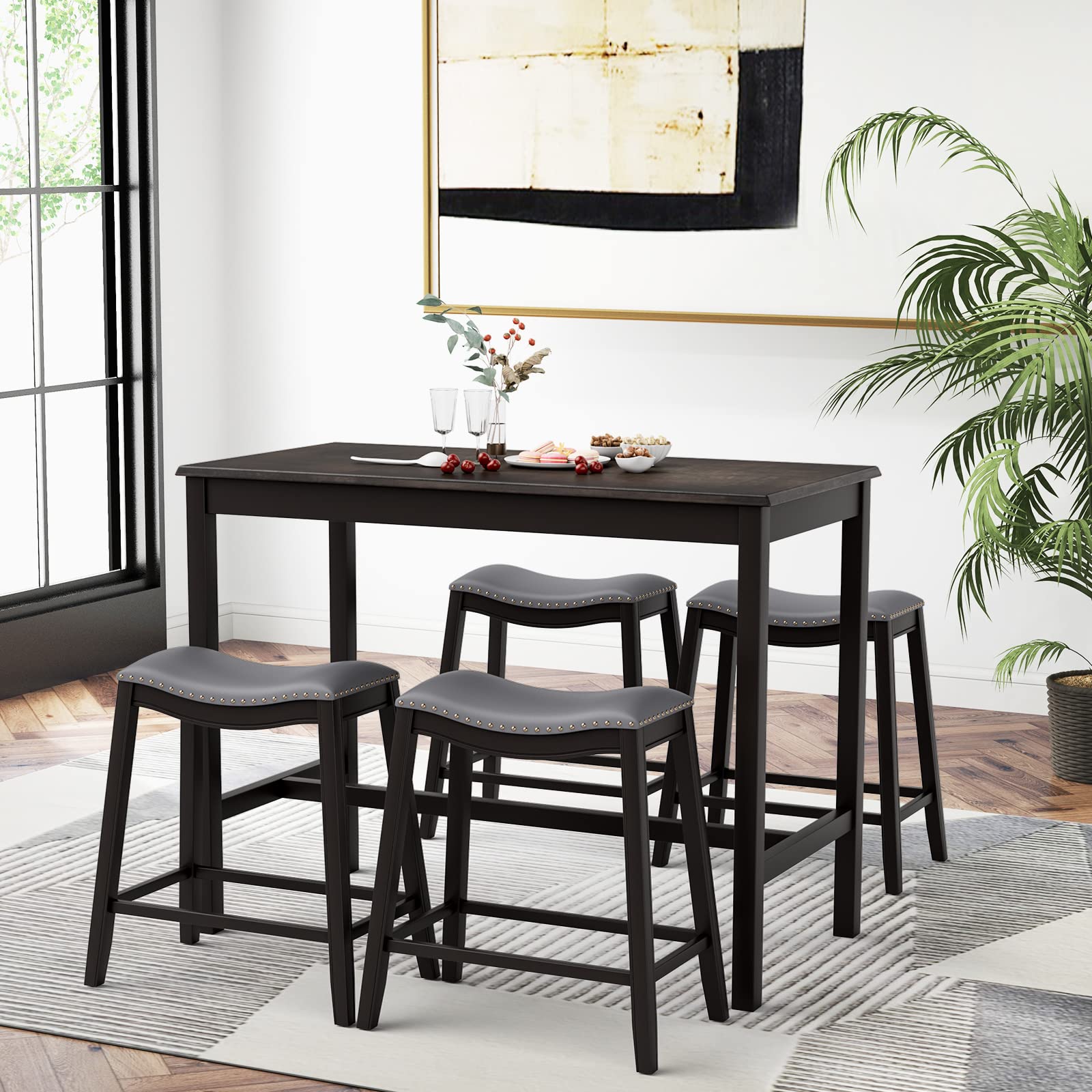 5 Pieces Bar Table Set, Bistro Table Set for 4, Counter Height Pub Table
