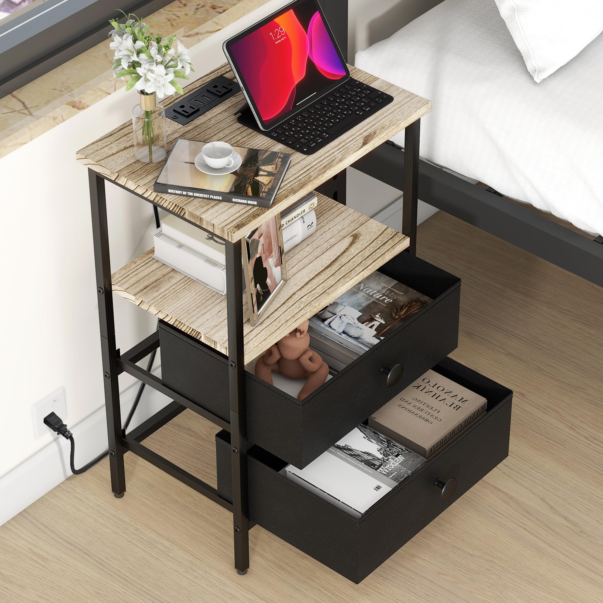 Small Nightstand with Charging Station 2 USB Ports & 2 Outlets, Solid Wood and Drawers
