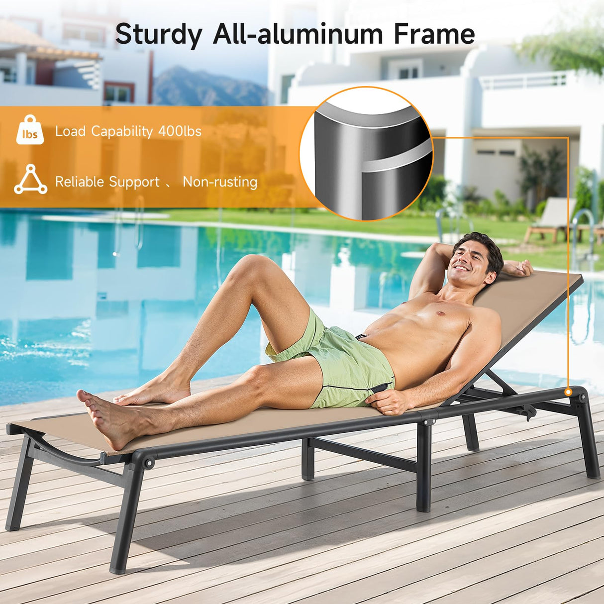 ONBRILL Aluminum Chaise Lounge Chair Outdoor, Foldable & Assembly Free Outdoor Lounge Chair with 5 Position Adjustable Backrest, Patio Pool Lounge Chairs for Outside Poolside Beach Lawn, 1PC, Khaki
