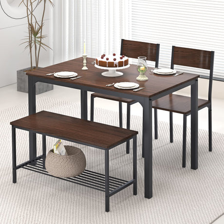 4-Piece Kitchen Table and 2 Chairs for 4 with Bench, Dining Table Set for Small Space