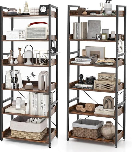 6-Tier Bookshelf, 70” Tall Industrial Bookcase w/Open Shelves & 4 Hooks, Storage Rack