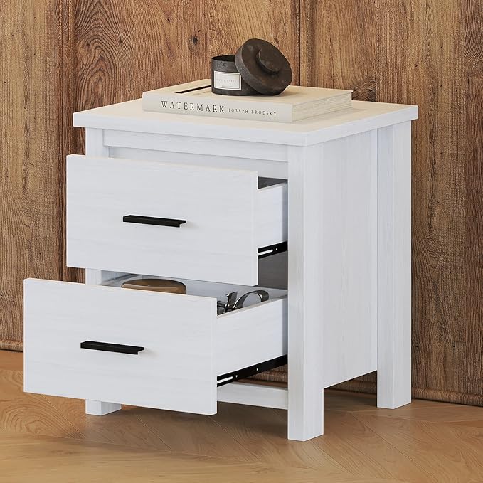 2 Drawers, Vintage Nightstand Wood Bedside End Table for Bedroom, Dorm, Light Gray