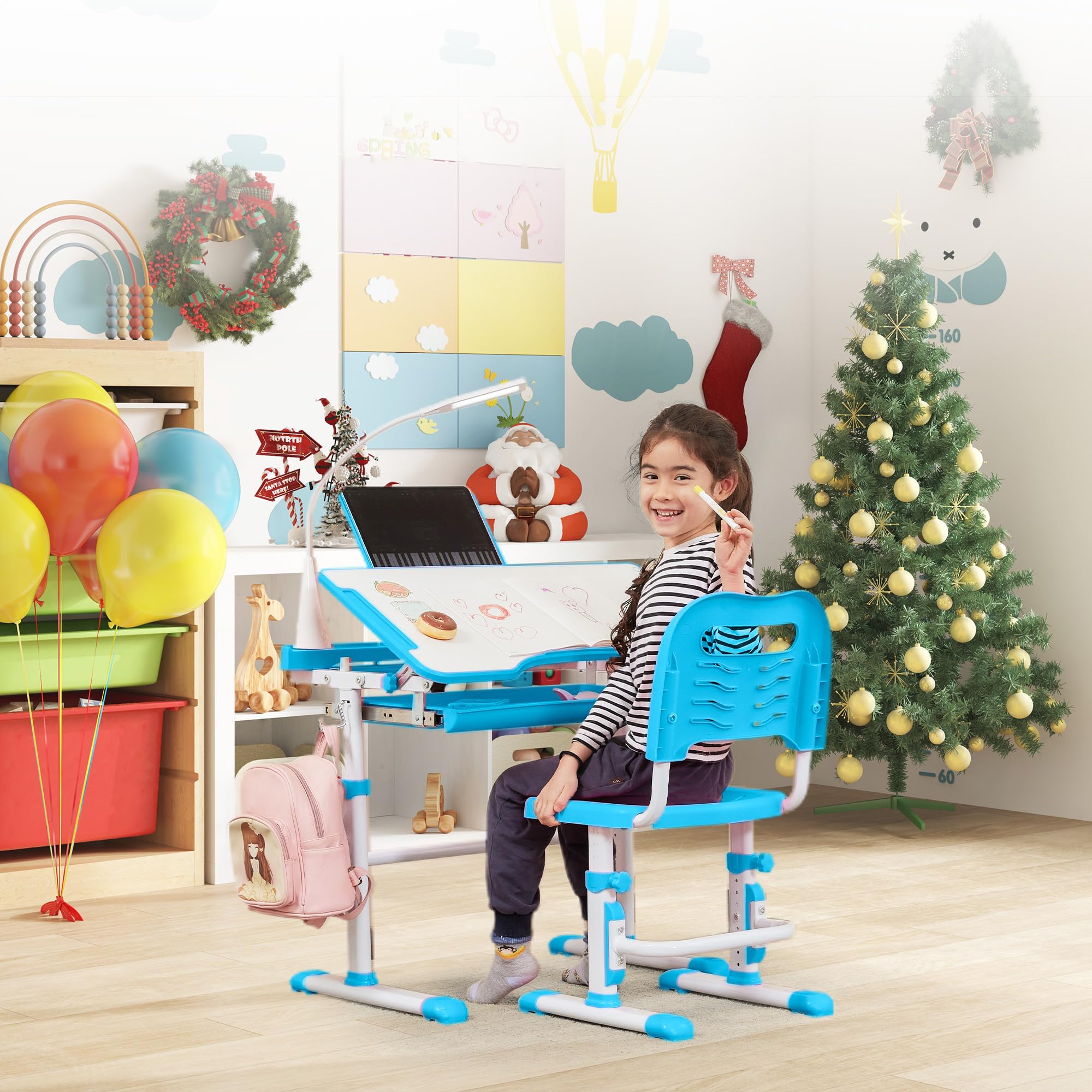 Kids Desk and Chair Set, Kids Interactive Workstation, Blue