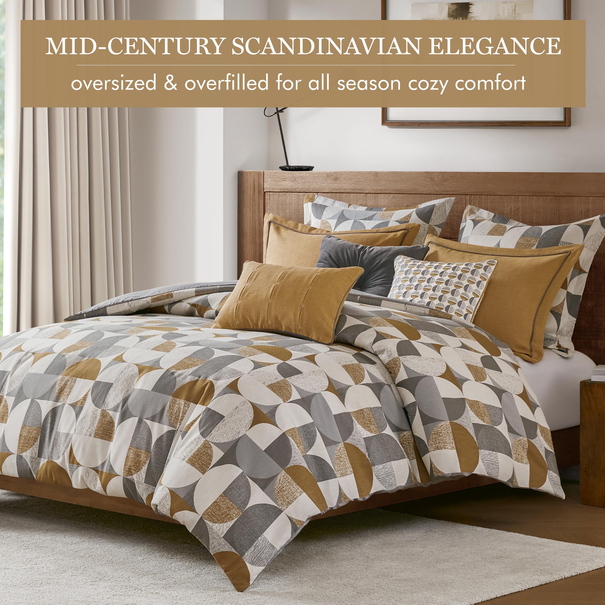 King Comforter Set - Jacquard Scandinavian Geometric Oversized 9 Piece Gold