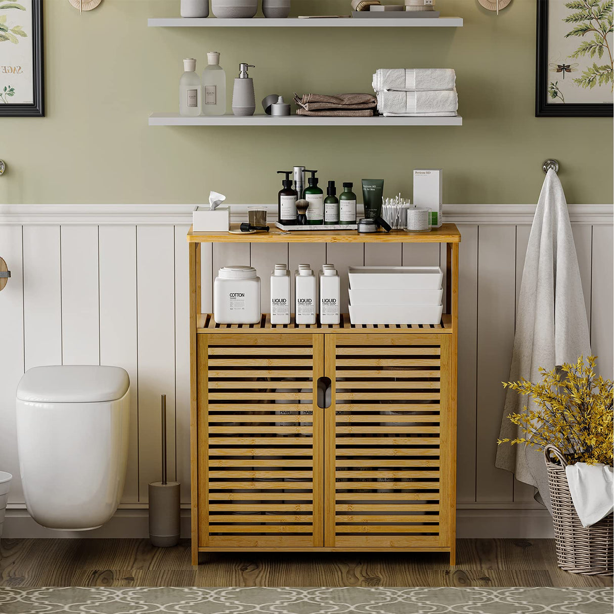 Bathroom Floor Cabinet, Bamboo Storage Cabinet with Doors and Open Shelves