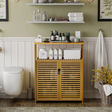 Bathroom Floor Cabinet, Bamboo Storage Cabinet with Doors and Open Shelves