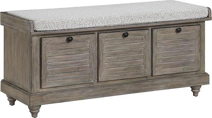 Dover Coastal Lift-Top Storage Bench with Shutter Face Styling, Distressed White Finish