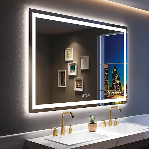 60x40 Inch LED Bathroom Mirror with Lights (Front Lit and Backlit) Black Framed Lighted