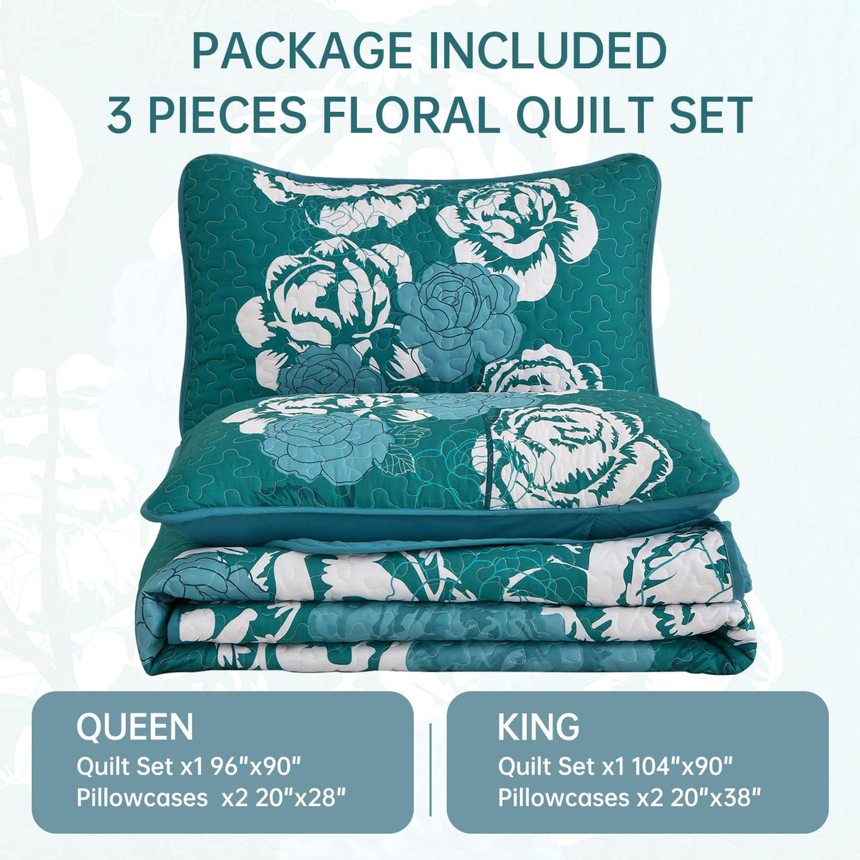 Quilt Set Queen Size, 3 Pieces Teal Floral Bedspread Coverlet Set