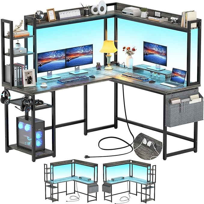 L Shaped Desk with Power Outlet, L Shaped Gaming Desk with Led Light & Hutch