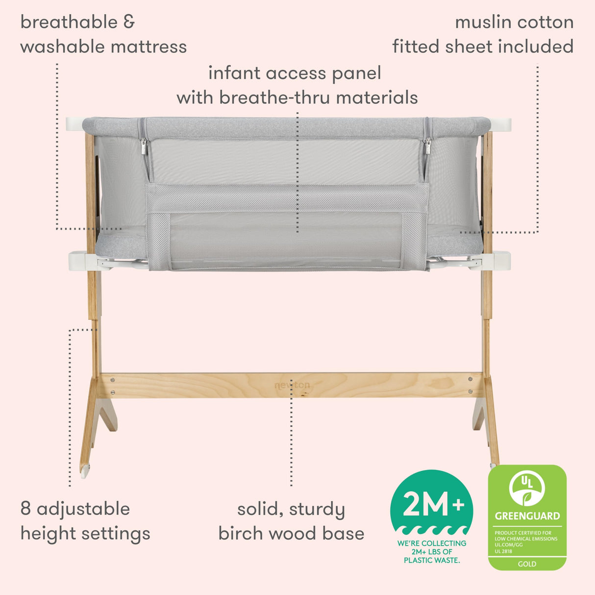 Newton Baby Bassinet & Bedside Sleeper with Mattress & Sheet - Ultra-Breathable & Completely Washable, Removable Dual-Layer Cover | Solid Birch Frame Adjustable Height & Infant Access Opening