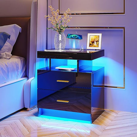 LED Nightstand with Charging Station (USB,Type-C Ports) High Gloss Bedside Table with 2