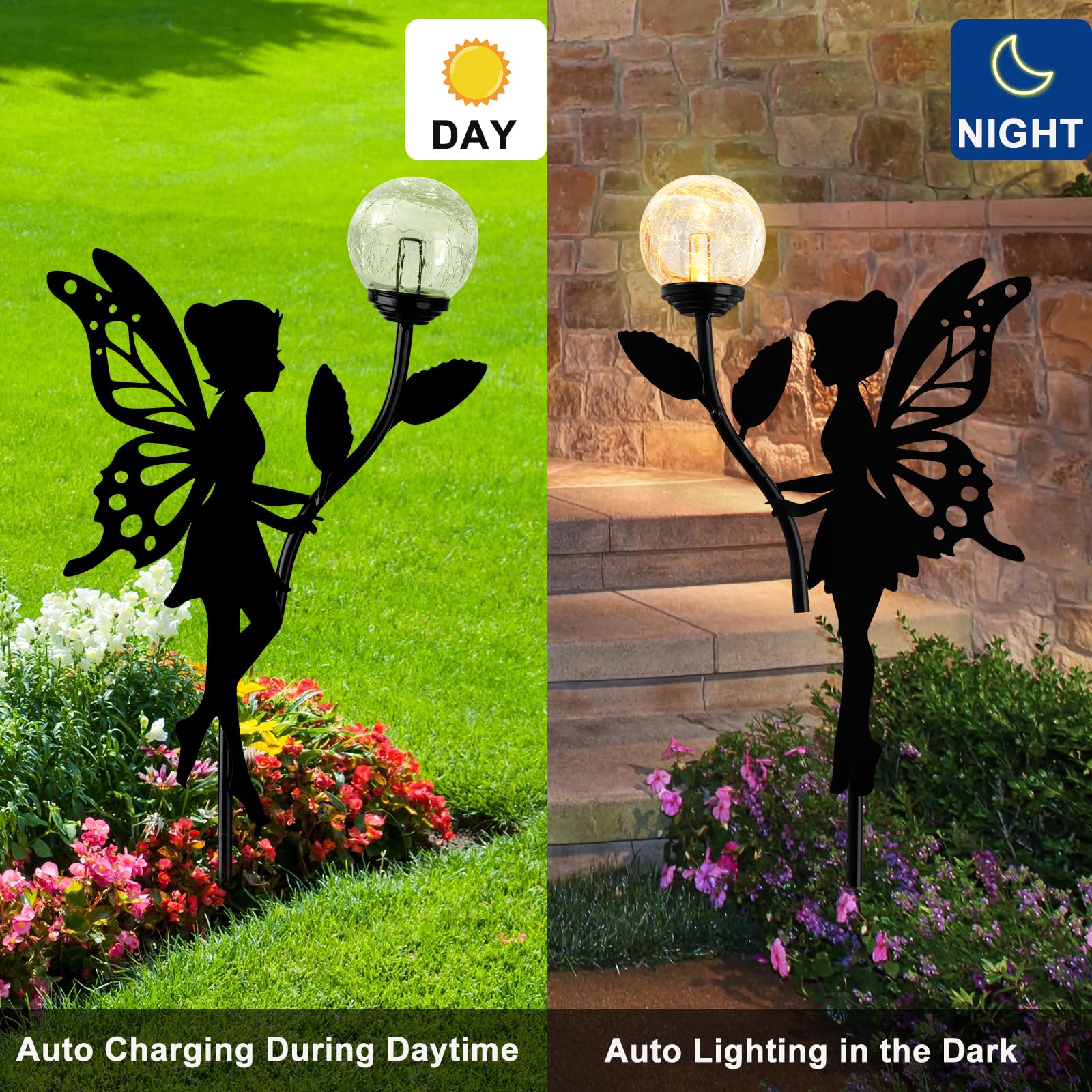 2 Pack Solar Fairy Garden Decor, Metal Fairy Statues with Crackle Glass Globe