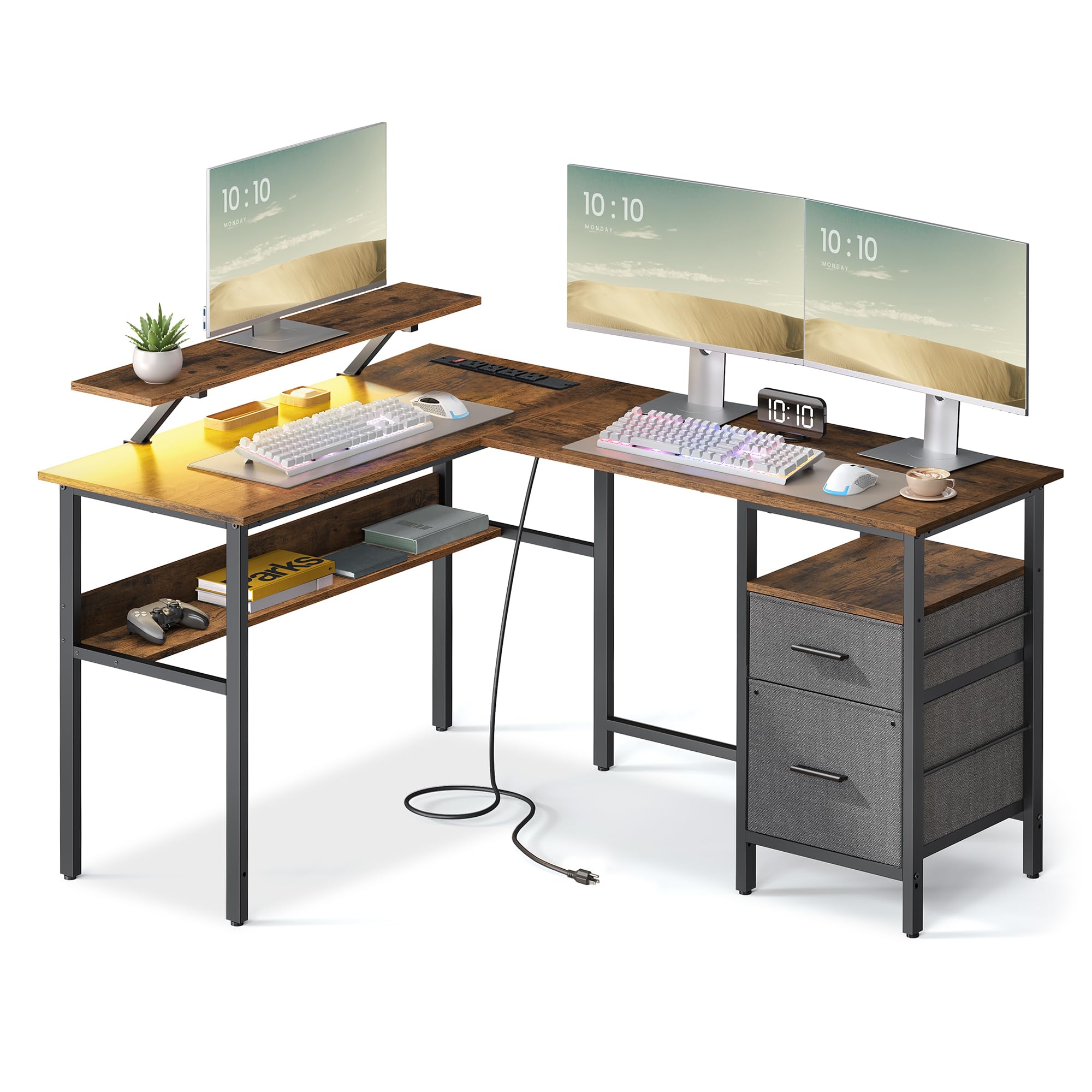 L-Shaped Desk with Power Outlets, Computer Desk with Monitor Stand, Corner Desk
