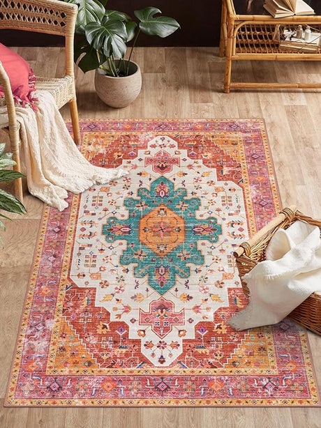 Ultra-Thin Washable Vintage Area Rug - 3x5 Boho Entry Throw Rug Non-Slip Oriental