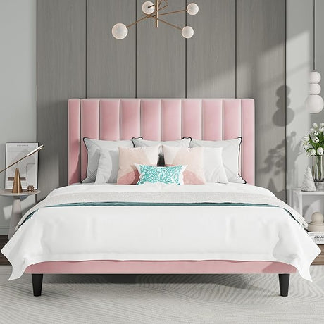 Queen Bed Frame/Velvet Upholstered Platform Bed Frame with Headboard/Strong Wood Slats Support