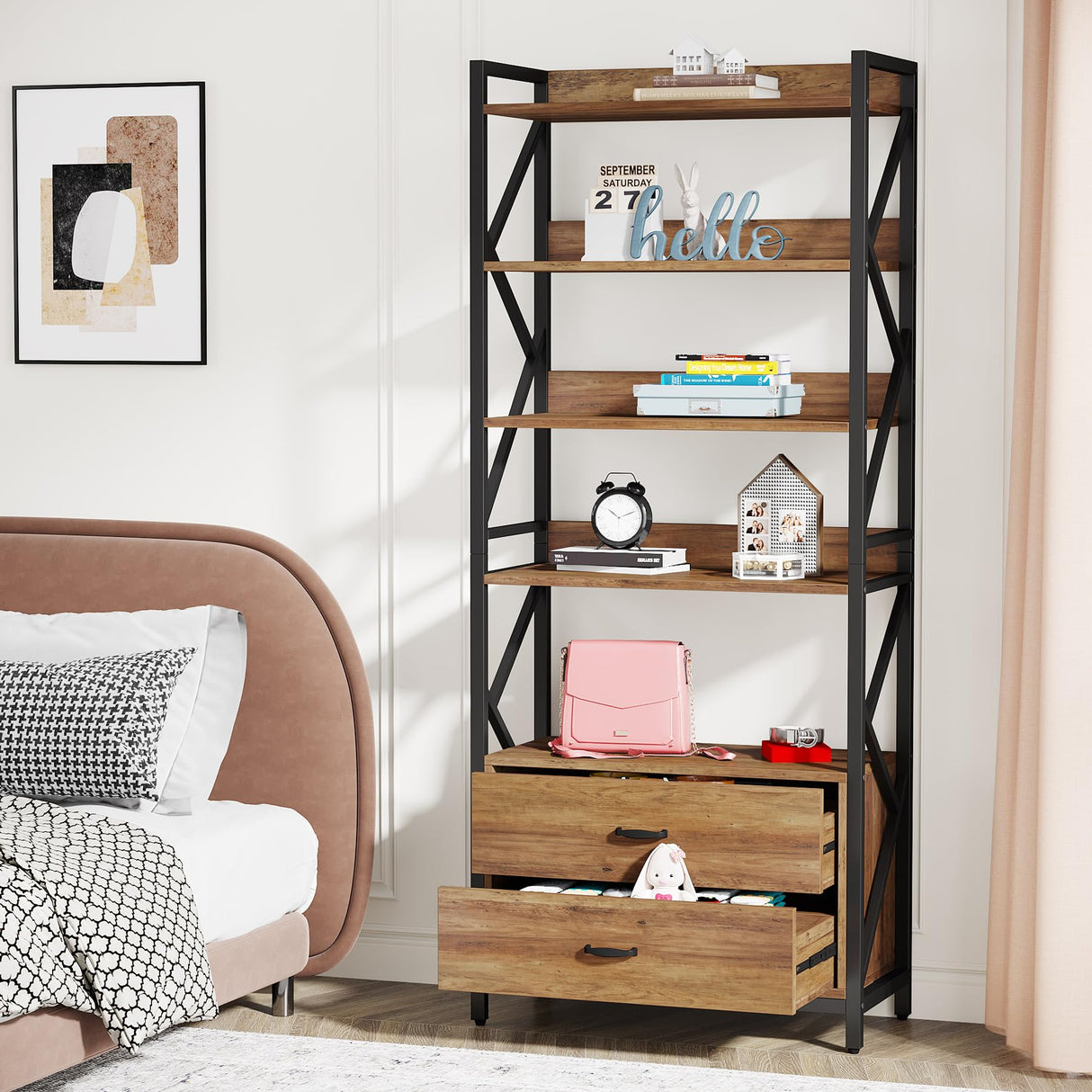 Bookshelf with Drawers, 70.8" Industrial Bookcase with 2 Drawers, 5 Shelf Open Shelf