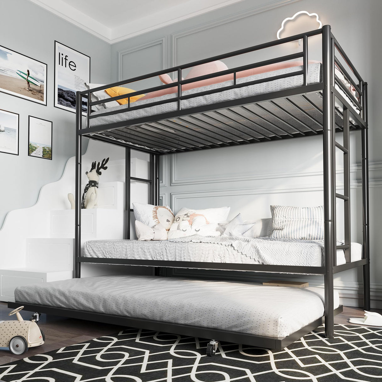 Metal Loft Bed with 2 Secured Ladders, Bunk Bed Twin Over Full with Trundle