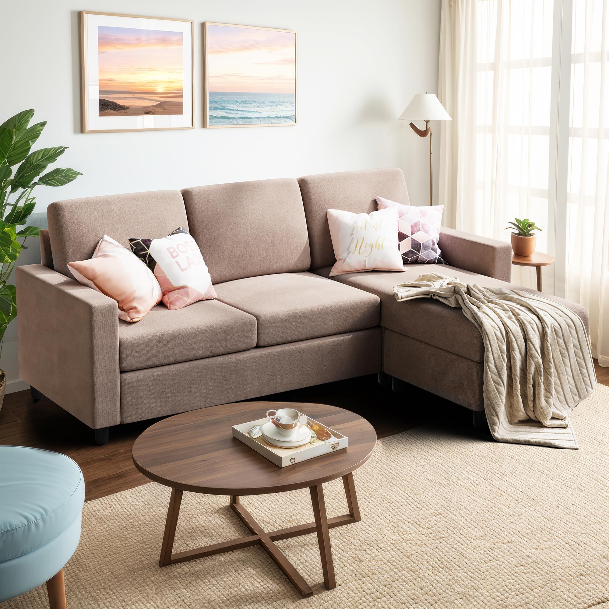 Convertible Sectional Sofa Couch, Modern Linen Fabric L-Shaped Couch 3-Seat Sofa