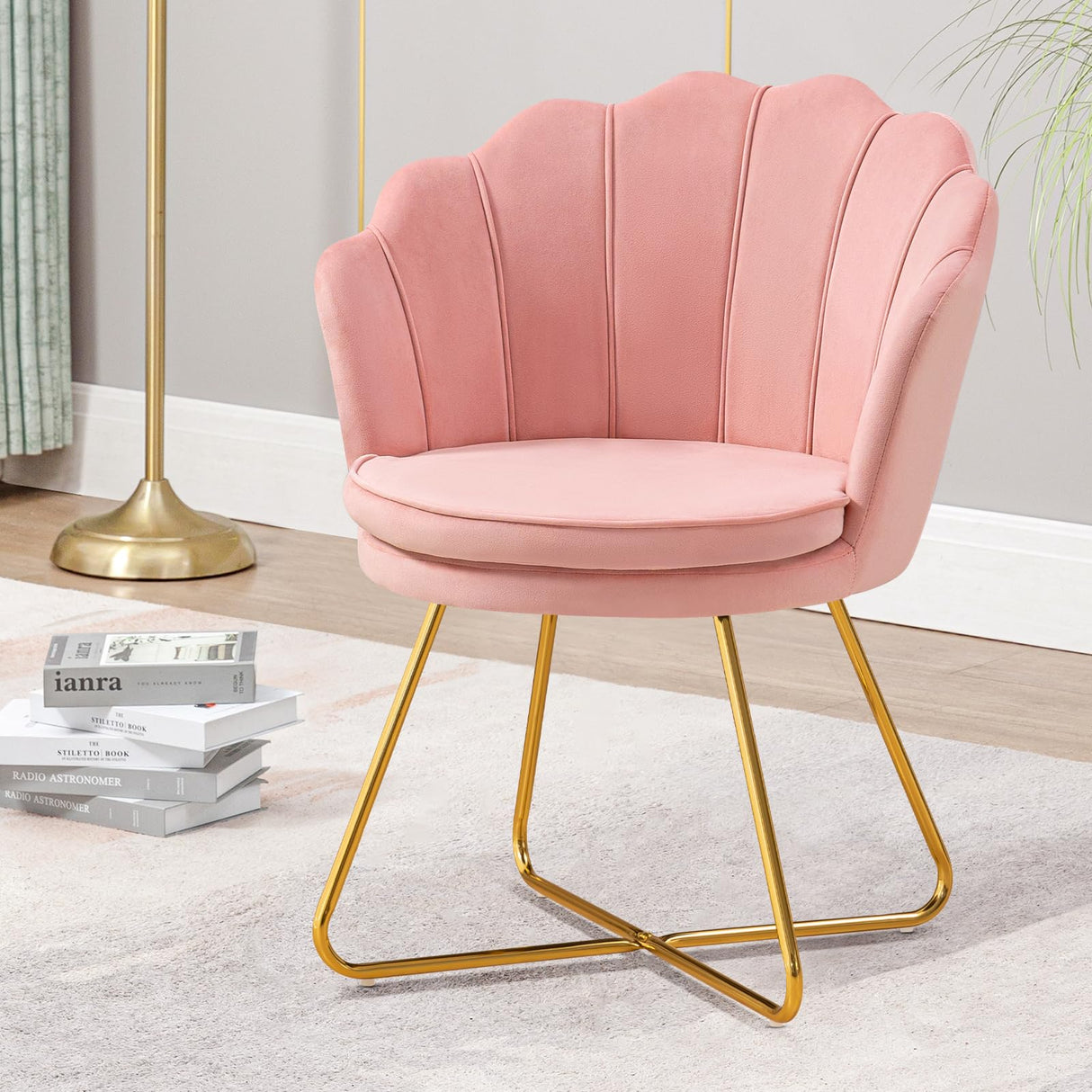 Pink Vanity Chair, Chair for Bedroom, Makeup Chair with Gold Plating Legs, Accent Chair