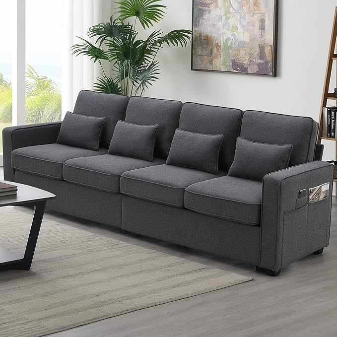 Modern 4 Seater Sofa with Sturdy Plastic Legs, Modern Linen Fabric Sofa