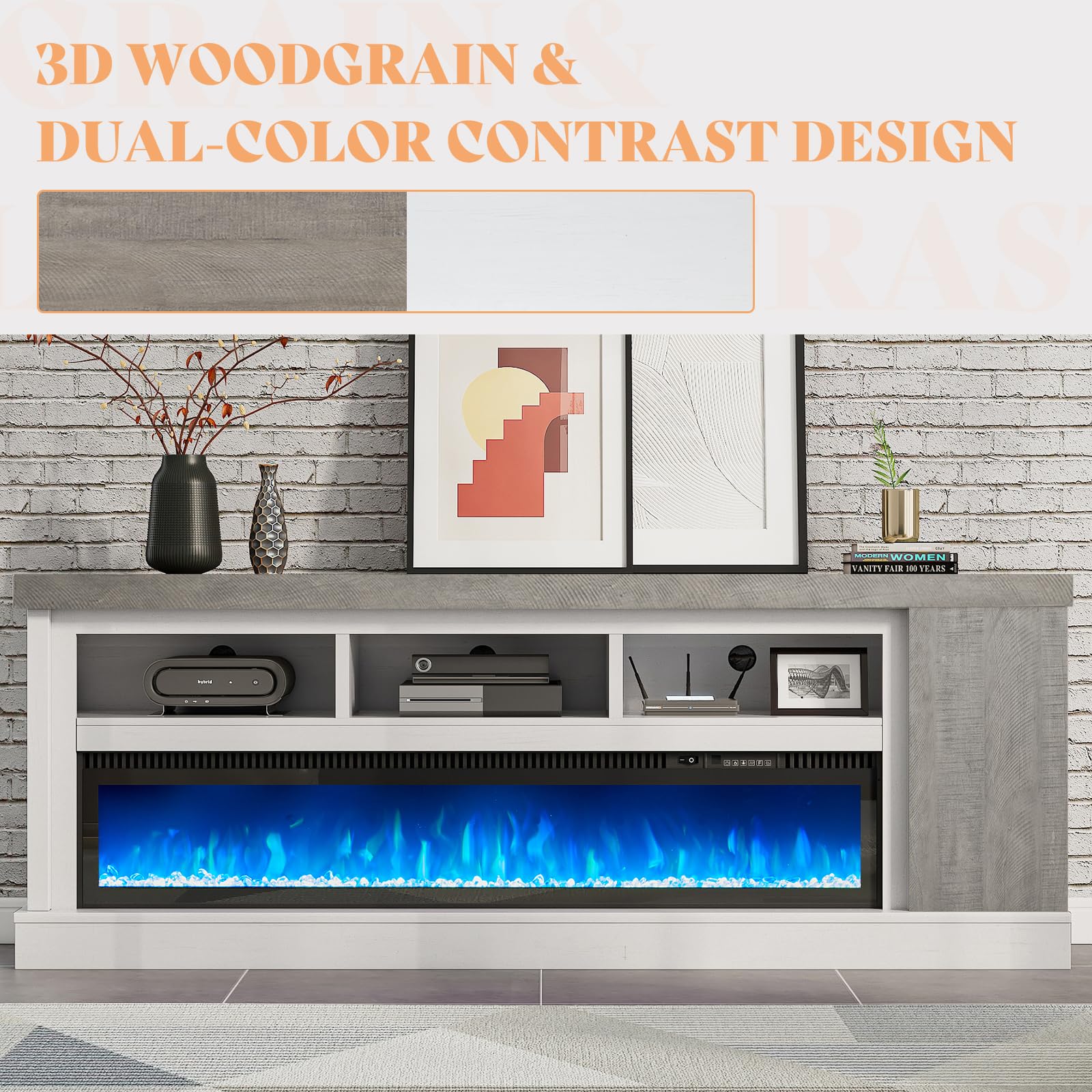 75" Fireplace TV Stand with 60" Glass Electric Fireplace