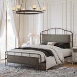 Queen Bed Frame with Headboard, Farmhouse Metal Platform Bed Linen Upholstered Bed Frame with Strong Wood Slats Support,