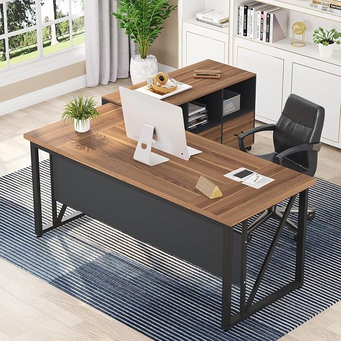55 inches Executive Desk and 43" lateral File Cabinet, L-Shaped Computer Desk Home Office Furniture with Drawers and Storage Shelves, Office Table with Cabinet (Walnut, 55)