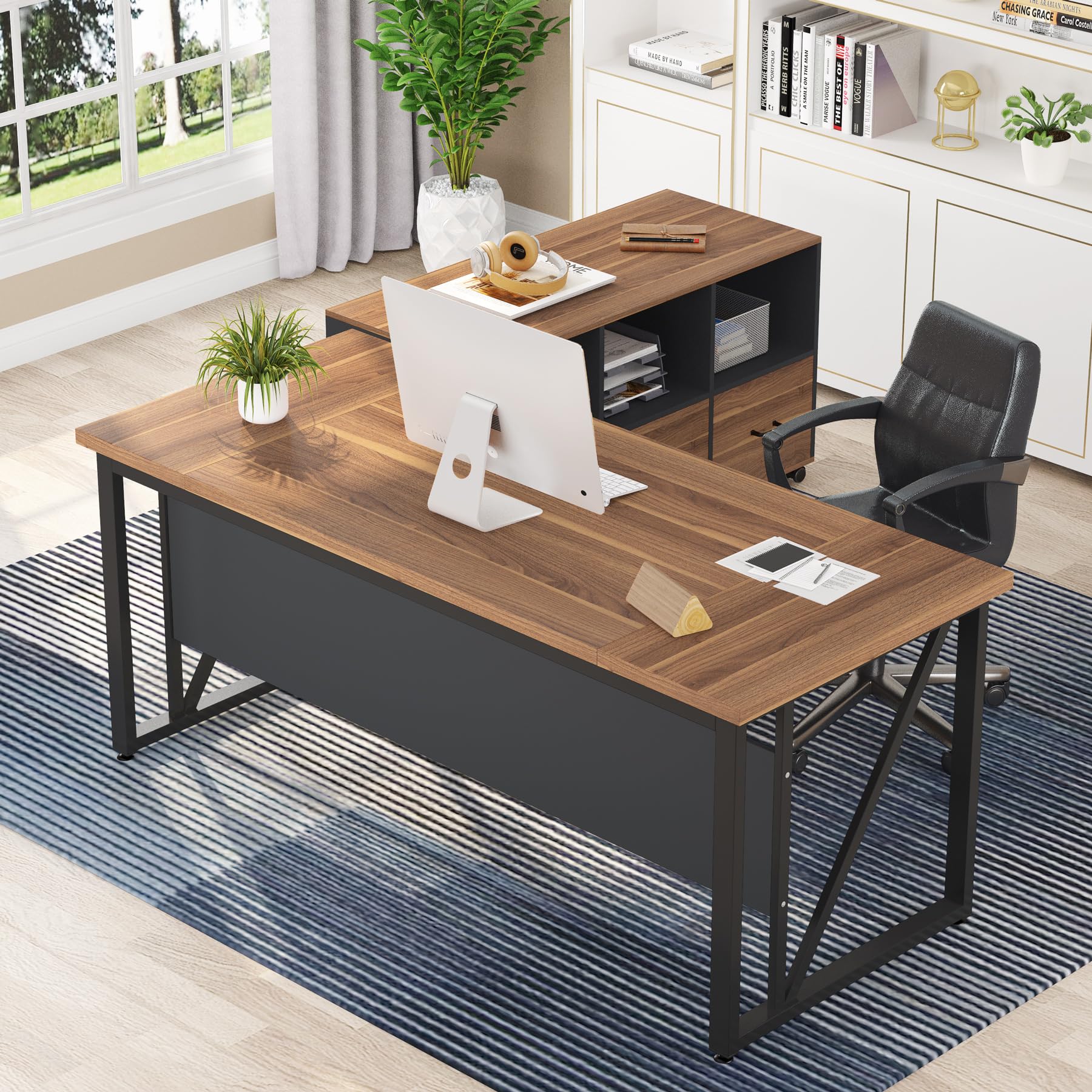 63 inches Executive Desk and 47" lateral File Cabinet, L-Shaped Computer Desk