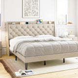 Queen Bed Frame with Charging Station and Wingback Headboard, Button Tufted