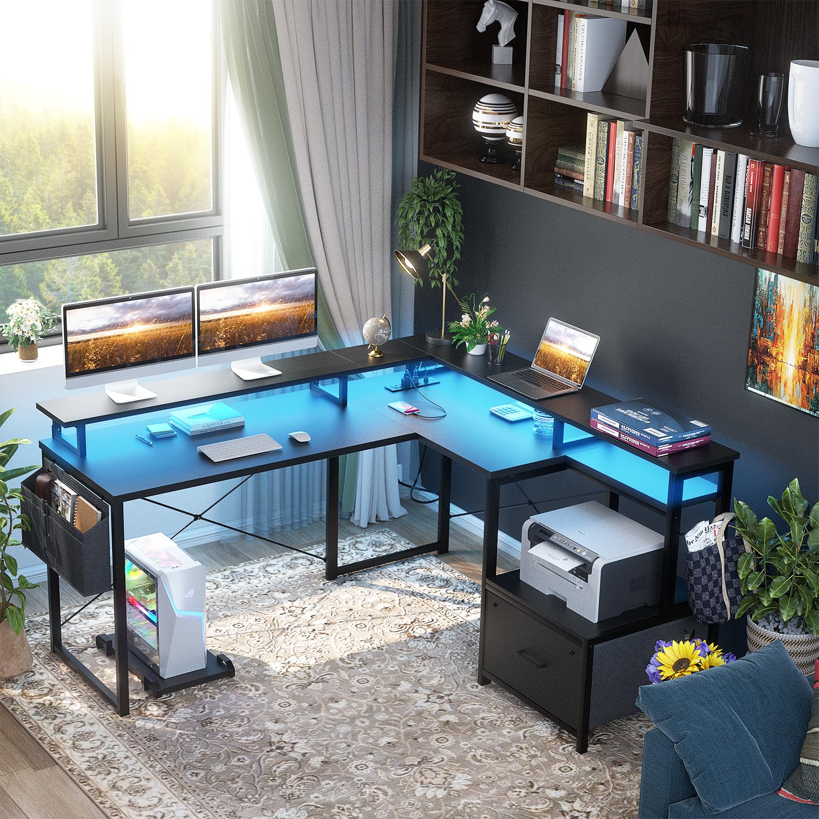 L Shaped Desk with Power Outlet and LED Strip, Reversible L Shaped Computer Desk