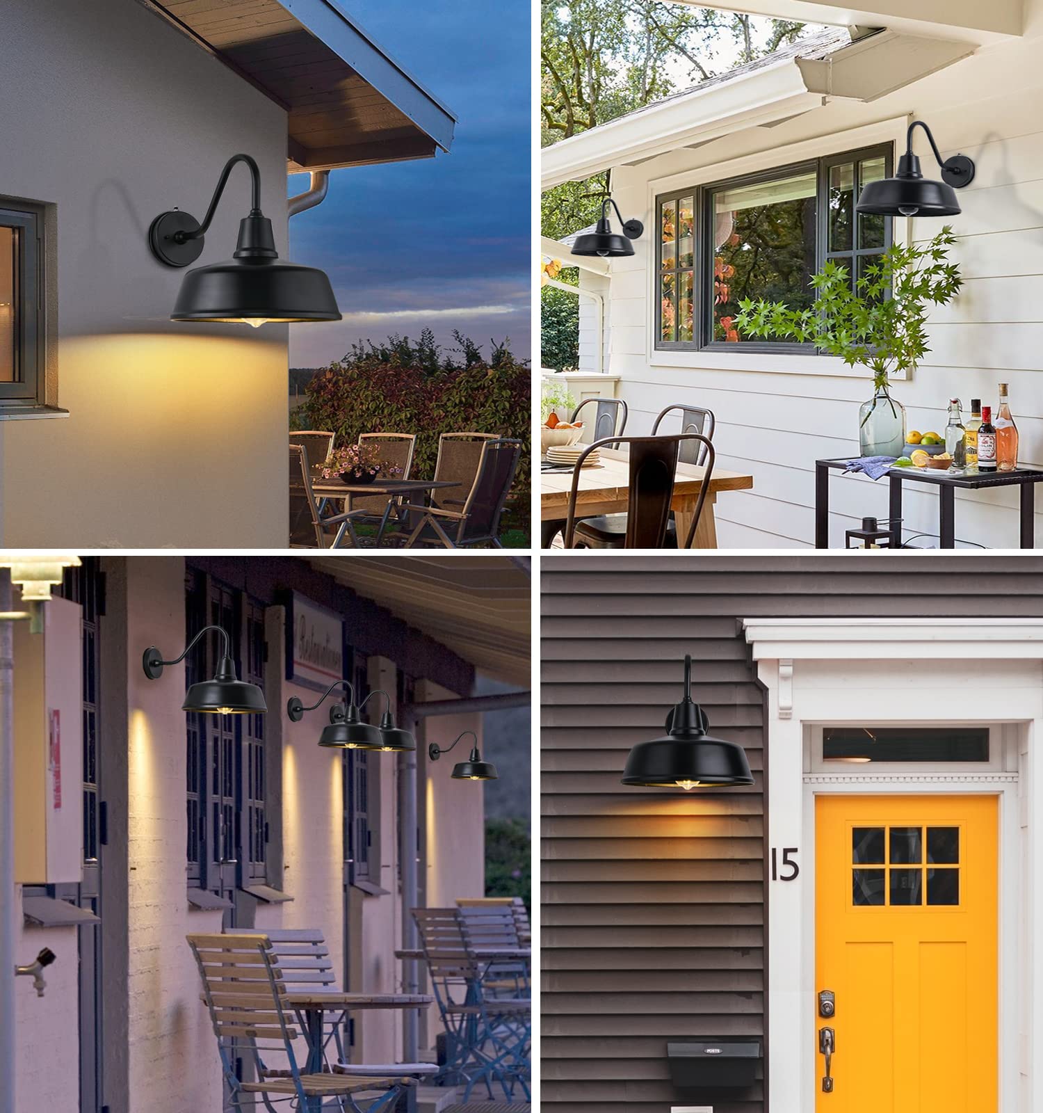 Outdoor Gooseneck Barn Light Fixture with a 15 inch Long Extended Arm - Dusk to Dawn Porch Light