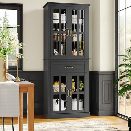 71'' Kitchen Pantry Cabinet, Tall Kitchen Cabinet Pantry Cabinet with Glass Doors