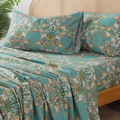 Queen Sheet Set 100% Percale Cotton Green Floral Bed Sheet Set Yellow Flower & Green