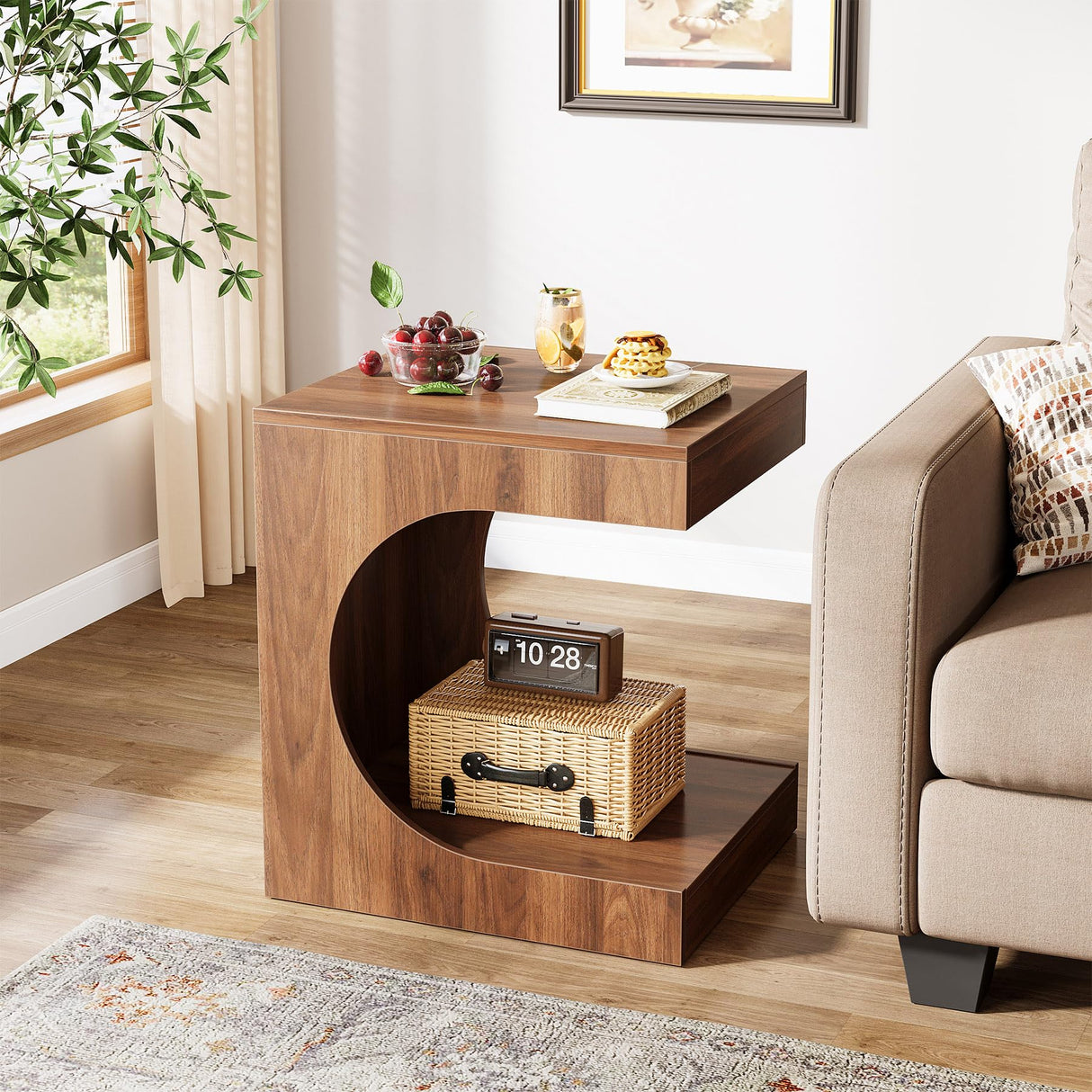 C-Shaped End Table for Couch, Wooden 2-Tier Side Table, Small Sofa Table