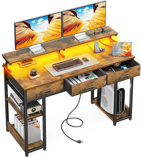 48 inch Computer Desk with 3 Drawers, Gaming Desk with LED Lights & Power Outlets